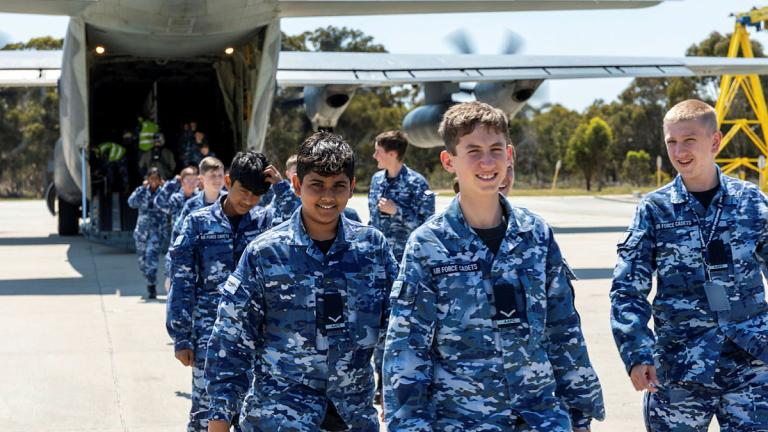 Cadets disembark a C-130J Hercules at RAAF Base Pearce